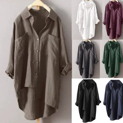 Camisa de Lino de Algodón Suelta Vintage para Mujer Color Sólido Cárdigan de Manga Larga con Dos Bolsillos Ropa Casual