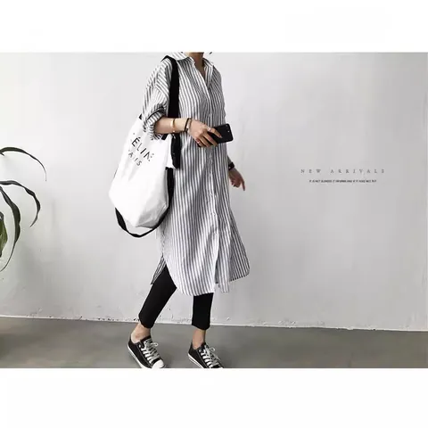 Camisa Larga de Rayas Holgada de Estilo Coreano para Mujer Mezcla de Poliéster y Algodón Solapa Manga Larga Botonadura Sencilla Blusa Casual