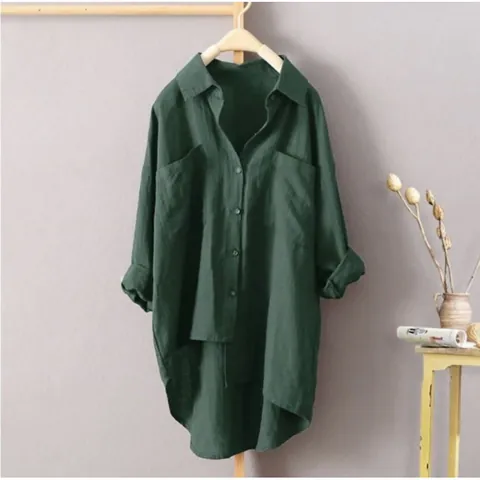 Camisa de Lino de Algodón Suelta Vintage para Mujer Color Sólido Cárdigan de Manga Larga con Dos Bolsillos Ropa Casual