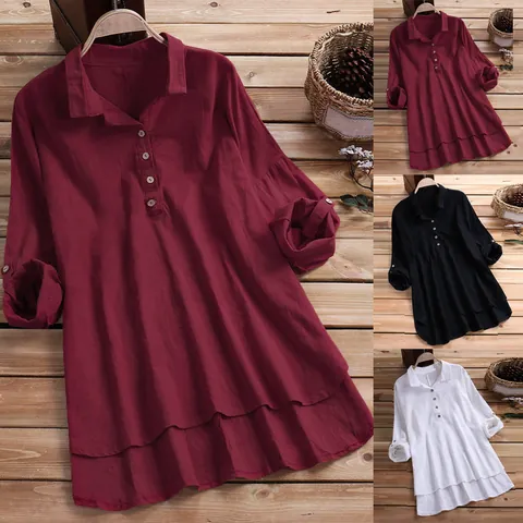 Femmes Rétro Décontracté Lin de Coton Faux Deux Pièces Chemise Couleur Unie Manches Longues Revers Blouse Haut Avec Poches