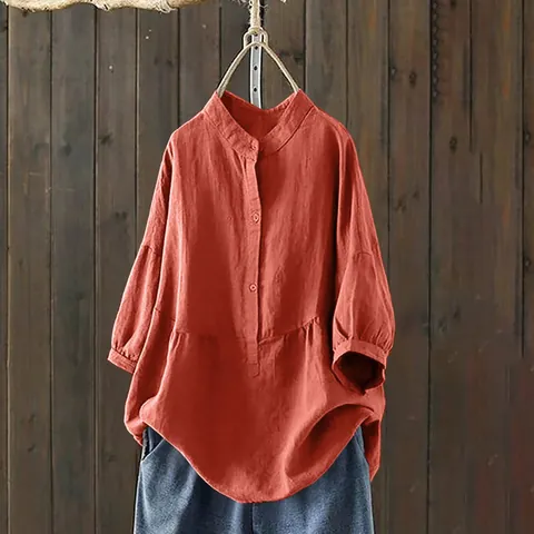 Camisa Casual de Algodón y Lino para Mujer Cuello Alto Ajuste Holgado Botonadura Sencilla Blusa Retro Color Sólido