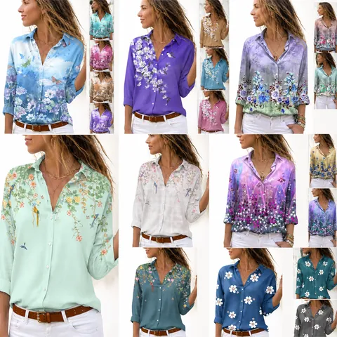 Women Casual Lapel Long Sleeve Single Breasted Shirt Fashion Floral Bird Print Blouse Cotton Blend Oversized Top Elegant Ladies Shirt