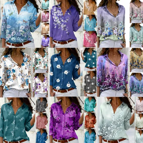 Women Elegant Floral Bird Print Long Sleeve Blouse Turn-down Collar Single-Breasted Office Casual Top Cotton Polyester Shirt