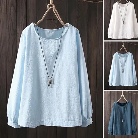 Chemisier Décontracté en Mélange de Coton pour Femmes avec Col Rond Vintage et Texture Froissée Haut Ample à Manches Longues Quotidien