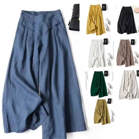 Pantaloni da Donna Casual in Lino e Cotone a Gamba Larga Vita Alta Culottes Tinta Unita Pantaloni a Nove Punti Taglie Forti