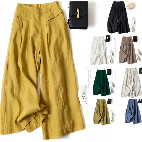 Pantalones de Pierna Ancha de Algodón y Lino de Cintura Alta para Mujer Falda Pantalón Holgada Retro Color Sólido Casual Nueve Puntos
