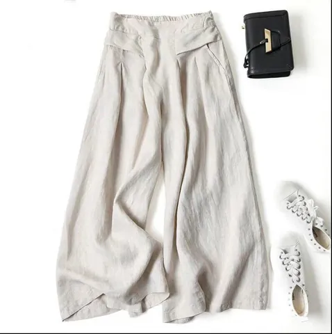 Pantalones de Pierna Ancha de Algodón y Lino de Cintura Alta para Mujer Falda Pantalón Holgada Retro Color Sólido Casual Nueve Puntos