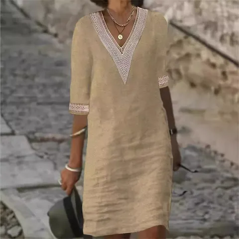 Women's Casual Cotton Linen Dress V-Neck Lace Trim Mid-Sleeve Loose A-Line Solid Color Summer Maxi Dress For Travel Daily