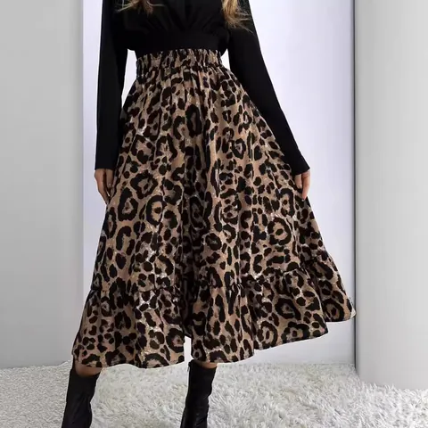 Gonna Maxi Sexy con Stampa Leopardata da Donna Vita Alta Orlo con Volant Gonna Lunga Morbida Stile Streetwear