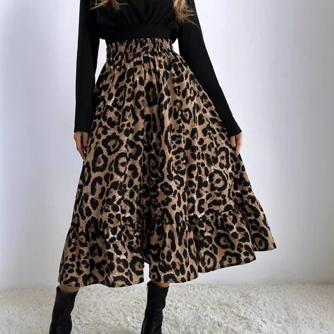 Gonna Maxi Sexy con Stampa Leopardata da Donna Vita Alta Orlo con Volant Gonna Lunga Morbida Stile Streetwear