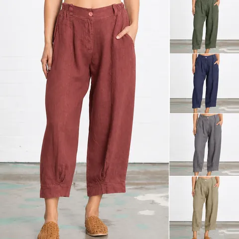 Women Cotton Linen Casual Pants Loose Straight Leg Cropped Trousers Vintage Elastic Waist Solid Color Ankle Length Bottoms
