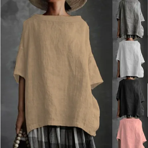 T-Shirt Décontracté en Mélange de Coton et Polyester pour Femme Coupe Ample Col Rond Manches Courtes Haut d'Été Uni