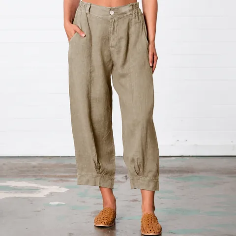 Women Cotton Linen Casual Pants Loose Straight Leg Cropped Trousers Vintage Elastic Waist Solid Color Ankle Length Bottoms