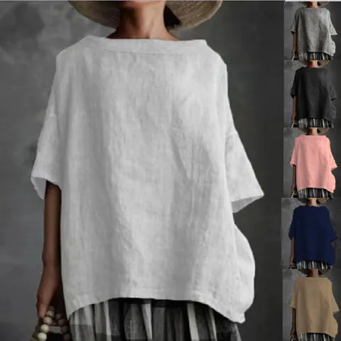 Damen Casual Baumwoll-Leinen T-Shirt Lockerer Sitz Rundhals Bestickt Einfarbig Kurzarm Sommer Top Für Täglich Urlaub