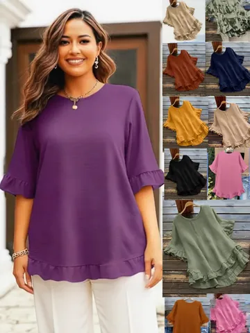 Women Plus Size Ruffle Hem Blouse Short Butterfly Flare Sleeve Round Neck High Low Tunic Top Solid Color Pleated T-Shirt