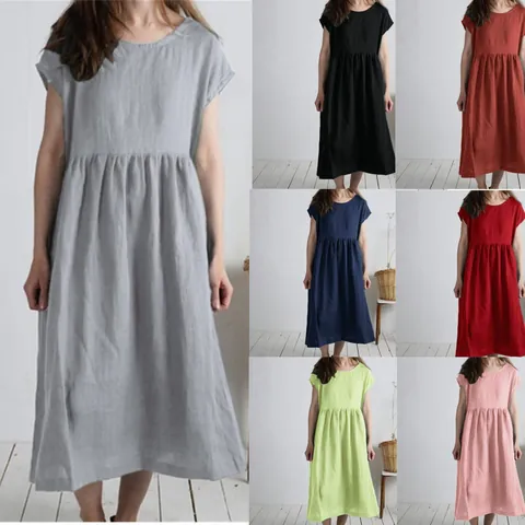 Women's Casual Cotton Linen Midi Dress Round Neck Short Sleeve Loose Pleated Solid Color A-Line Commuting Dress For Summer