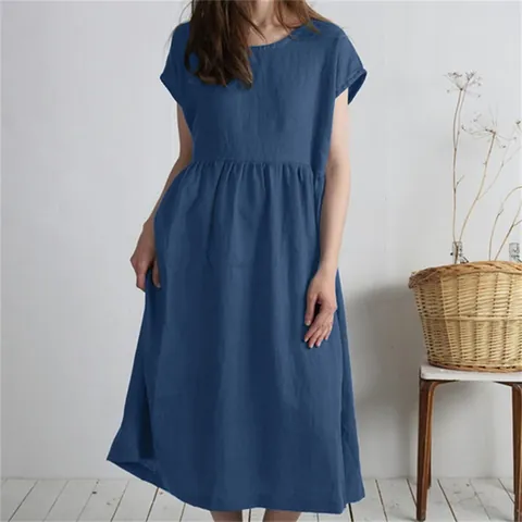 Women's Casual Cotton Linen Midi Dress Round Neck Short Sleeve Loose Pleated Solid Color A-Line Commuting Dress For Summer
