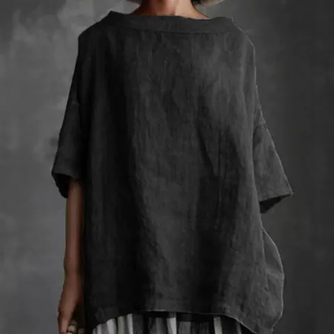 T-Shirt Décontracté en Mélange de Coton et Polyester pour Femme Coupe Ample Col Rond Manches Courtes Haut d'Été Uni