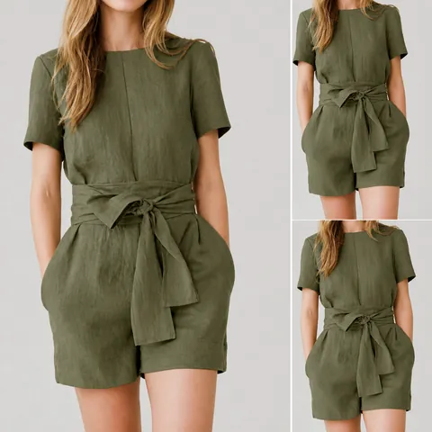 Combinaison Décontractée en Coton et Lin à Manches Courtes pour Femmes Barboteuse Unie Avec Ceinture Poches Jambes Larges Top And Bottom
