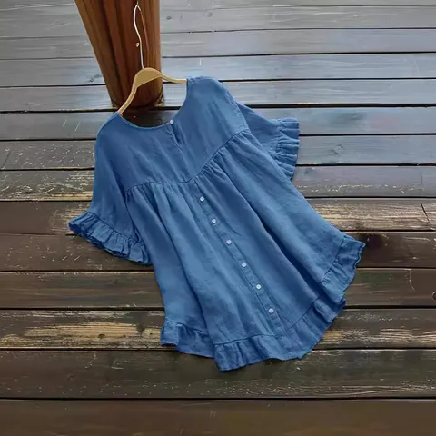 Blusa de Verano para Mujer Manga Corta Mezcla de Algodón Ramio Cuello Redondo Botón Dobladillo Volante Casual Color Sólido Top