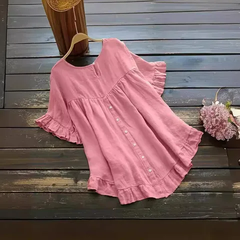 Blusa de Verano para Mujer Manga Corta Mezcla de Algodón Ramio Cuello Redondo Botón Dobladillo Volante Casual Color Sólido Top