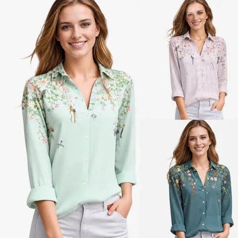 Camicia da Donna Elegante con Stampa Floreale e Uccelli Rever Manica Lunga Casual Misto Cotone Top da Ufficio
