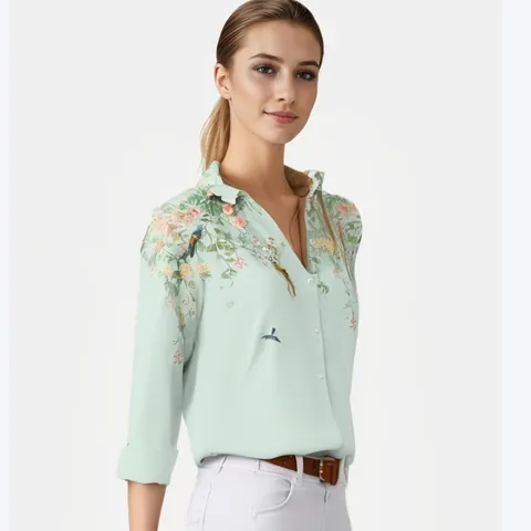 Camicia da Donna Elegante con Stampa Floreale e Uccelli Rever Manica Lunga Casual Misto Cotone Top da Ufficio