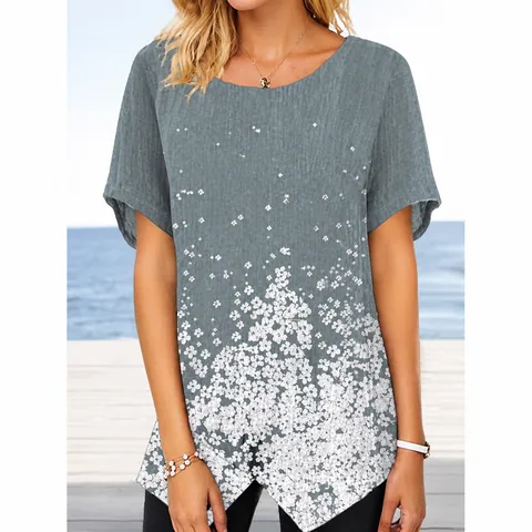 Camiseta de Poliéster Bordada Vintage para Mujer Cuello Redondo Manga Corta Top con Abertura Patrón Floral Camisa Casual de Verano