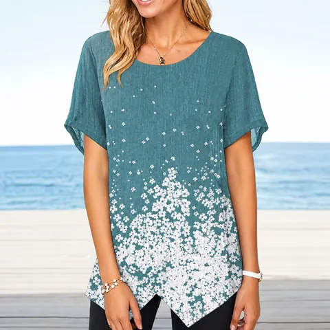 Camiseta de Poliéster Bordada Vintage para Mujer Cuello Redondo Manga Corta Top con Abertura Patrón Floral Camisa Casual de Verano