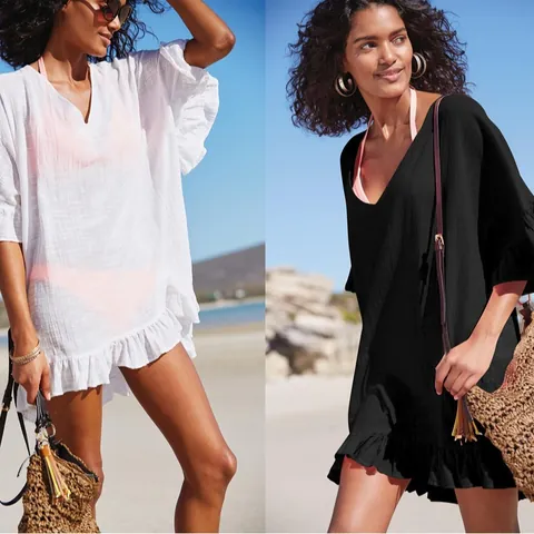 Damen Casual Lockere Strand-Cover-Up V-Ausschnitt Rüschen Bikini Kittel Sonnenschutz Top Polyester Urlaub Badebekleidung Hemd