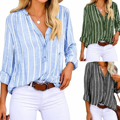 Women's Casual Cotton Blend Striped Shirt V-Neck Long Sleeve Button Blouse Regular Fit Office Top Printed Apparel