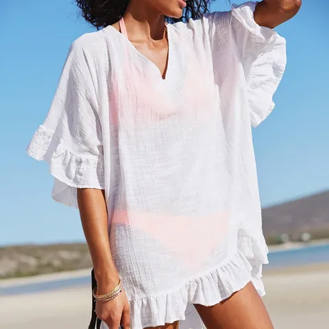 Damen Casual Lockere Strand-Cover-Up V-Ausschnitt Rüschen Bikini Kittel Sonnenschutz Top Polyester Urlaub Badebekleidung Hemd