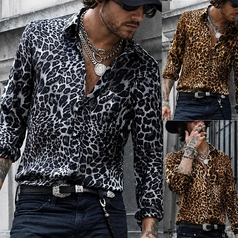 Men Fashion Leopard Print Casual Shirt Lapel Collar Long Sleeve Button Down Streetwear Shirt Polyester Blouse Top For Men