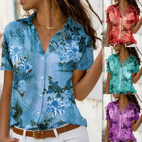Women's Floral Printed Short Sleeve Shirt Casual Lapel Single Breasted Blouse Polyester Fashion Top For Summer Daily Wear