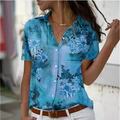 Women's Floral Printed Short Sleeve Shirt Casual Lapel Single Breasted Blouse Polyester Fashion Top For Summer Daily Wear