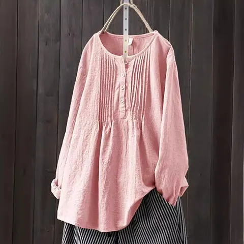Blusa Retro Literaria para Mujer con Textura de Lino y Detalles Fruncidos Cuello Redondo Poliéster Fibra de Acetato Holgada Color Sólido Top