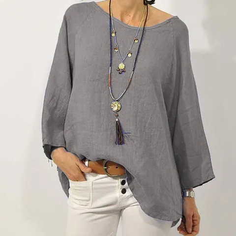 Chemisier Décontracté en Coton et Lin pour Femmes Couleur Unie Col Rond Manches 3/4 Raglan Haut Rétro d'Été
