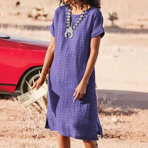 Women's Casual Short Sleeve Midi Dress Round Neck Solid Color Polyester Side Slit Dress For Travel Daily Wear Elegant Dress