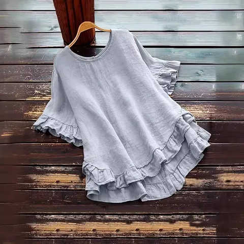 Chemisier Décontracté en Mélange de Coton pour Femmes Col Rond Manches Courtes Haut Ample À Volants Avec Boutons