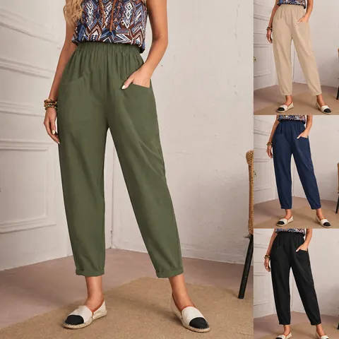 Γυναικείο Casual Βαμβακερό Λινό Παντελόνι Cropped Ελαστική Μέση Tapered Παντελόνι Με Τσέπες Χαλαρό Άνετο Καθημερινό Bottoms