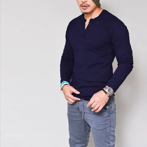 Men Slim Fit Long Sleeve Henley T-Shirt Polyester Solid Color Button Neck Casual Base Layer Top Raglan Sleeve Curved Hem