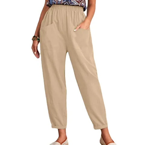 Γυναικείο Casual Βαμβακερό Λινό Παντελόνι Cropped Ελαστική Μέση Tapered Παντελόνι Με Τσέπες Χαλαρό Άνετο Καθημερινό Bottoms