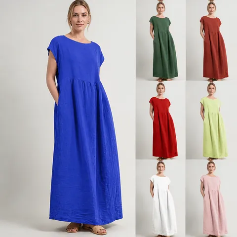 Women Casual Cotton Linen Sleeveless Maxi Dress Solid Color Loose Fit Round Neck Dress With Pockets Top And Bottom Outfit