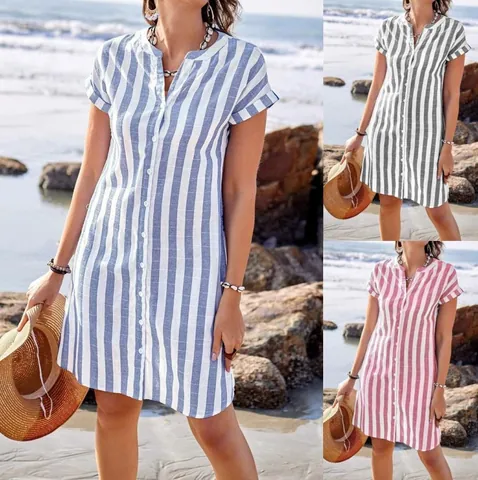 Camicia Donna a Righe Casual Abito Camicia Scollo a V Bottoni Manica Corta Top Moda Misto Cotone Camicetta Tessuta Camicia Vacanza