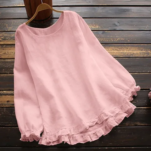 Blusa de Algodón para Mujer Cuello Redondo Manga Larga Casual Suelta Con Dobladillo de Volantes Top Artístico Retro Color Sólido