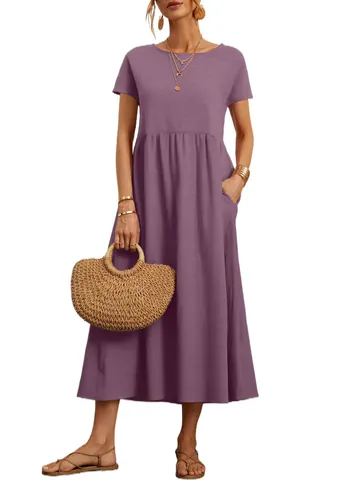 Abito Maxi da Donna Casual Girocollo Manica Corta Tinta Unita Vita Alta Arricciato Linea A Abito Lungo Con Tasche
