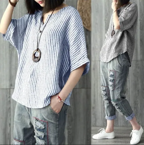 Damen Casual Gestreift V-Ausschnitt Fledermausärmel T-Shirt Baumwollmischung Locker Retro Top Sommer Frühling Mode Baumwolle T-Shirt