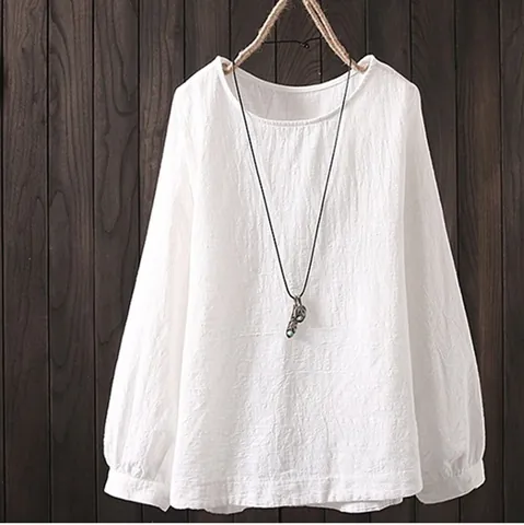 Chemisier Décontracté en Mélange de Coton pour Femmes avec Col Rond Vintage et Texture Froissée Haut Ample à Manches Longues Quotidien