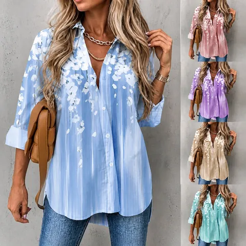 Camicia da Donna con Stampa Floreale Colletto a Punta Manica Lunga Casual in Cotone Poliestere Top con Bottoni per il Pendolarismo Quotidiano