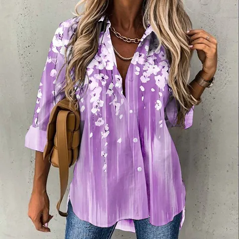 Camicia da Donna con Stampa Floreale Colletto a Punta Manica Lunga Casual in Cotone Poliestere Top con Bottoni per il Pendolarismo Quotidiano